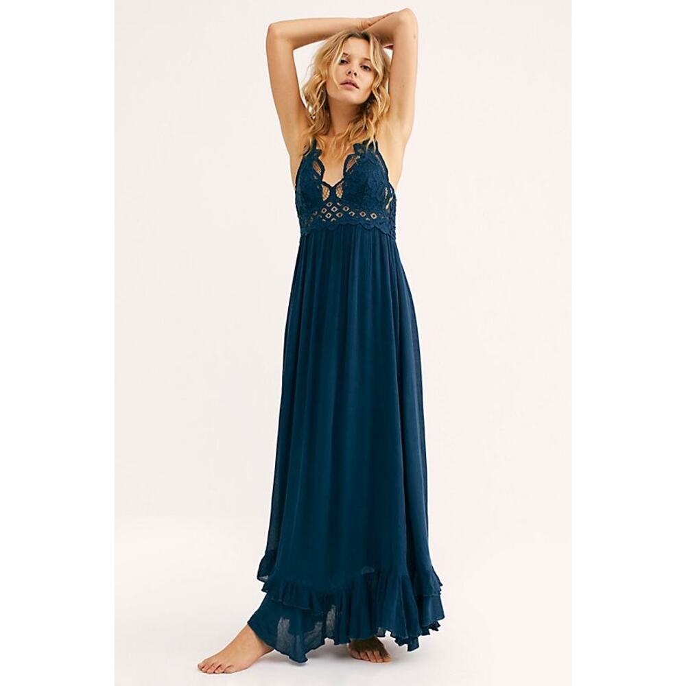 Free People One Adella Maxi Slip Lace Dress Navy Blue Size Small - Picture 2 of 12
